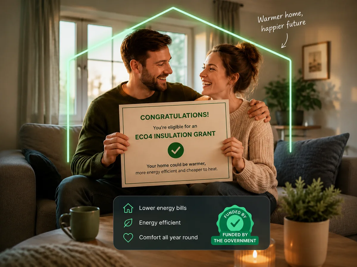 A happy homeowner couple confirming they qualify for an ECO4 insulation grant